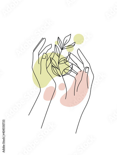 Female hands with branch leaf and abstract background. Background for cosmetics, packaging, products