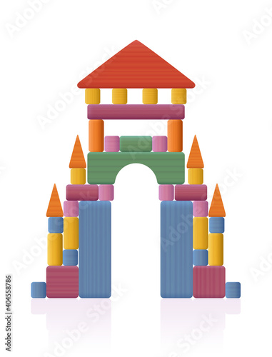 Portal, gate, thoroughfare built of wooden toy blocks. Many different natural wood elements - a typical childhood concentration game. Vector on white background.
