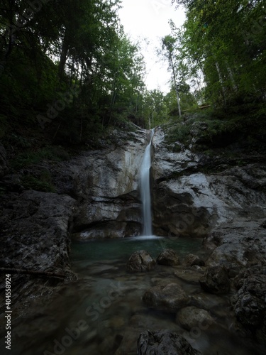 Panorama of Koenigsbach Konigsbach waterfall cascade at lake Konigssee Koenigssee Berchtesgaden Bavaria Germany alps photo