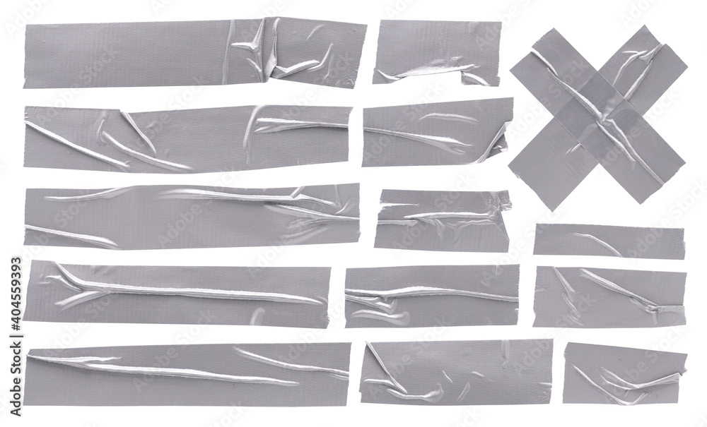 Obraz premium Metallic aluminum reinforced tape, set of silver sticky crumpled torn strips of scotch tape on white background