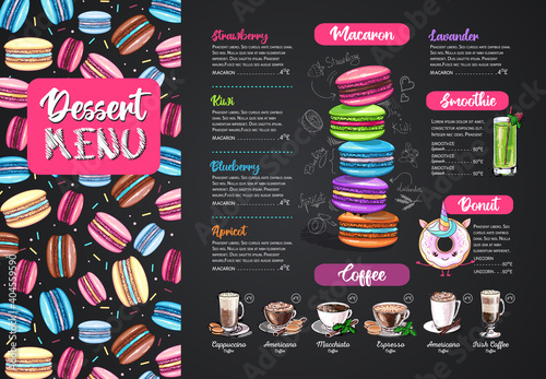 Chalk drawing dessert menu design with sweet french macaroons