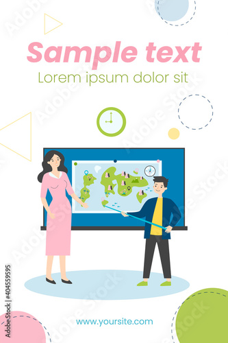 Pupil standing with pointer near map and teacher. Geography, compass, lesson flat vector illustration. Study and education concept for banner, website design or landing web page