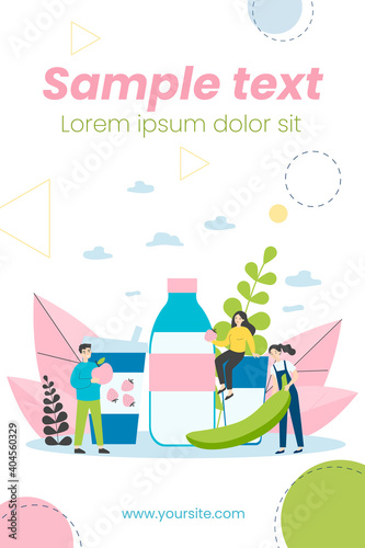 Tiny people with huge fruits and milk bottle. Cocktail, strawberry, banana flat vector illustration. Healthy food and beverages concept for banner, website design or landing web page