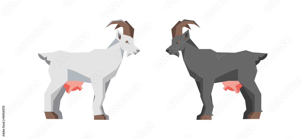 Low poly Goats isolated on white background. Goat silhouette. Trendy flat style. Livestock, farm animal. Graphics for dairy product, grocery store, farmer's market. Vector illustration