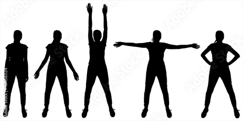 Physical exercises. Girl stands still, legs stand on a distance from each other, moves her arms down, up, aside, arms on a belt. Woman is in gymnastics. Five black silhouettes are isolated on a white.