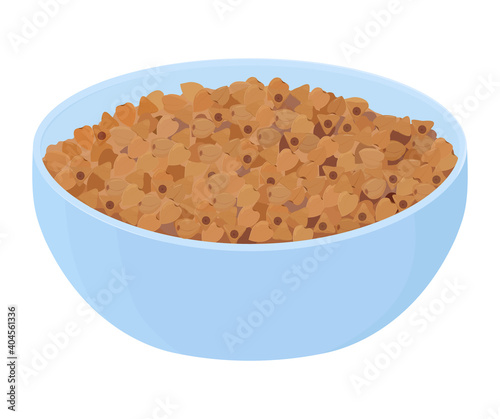 Buckwheat porridge in blue bowl. grain pile heap on plate. Cartoon breakfast vector illustration isolated on white background