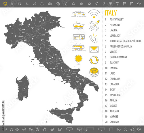 Detailed monochrome map of Italy  gray country territory with geographic borders and administrative divisions on white background  travel icons set  vector illustration