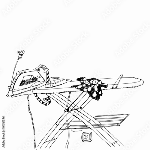 Iron on ironing board sketch. Wardrobe cleaning and ironing illustration. Home iron vector