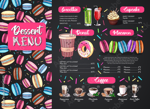 Chalk drawing dessert menu design with sweet french macaroons