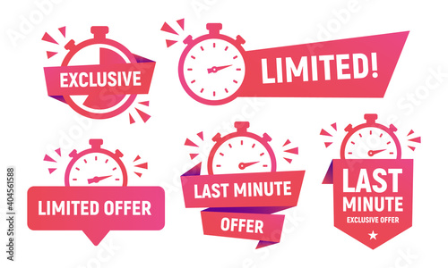 Limited Offer banners, stickers and posters set. Last minute offer sticker and banners template for social media, web design. Trendy modern design with stopwatch and clock icons. Vector illustration 