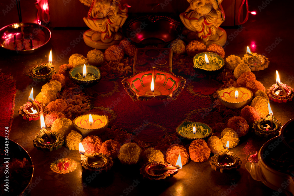Illuminated mud lamps arranged in circles set the mood for the Hindu festival Deepawali which celebrates the victory of good over evil.