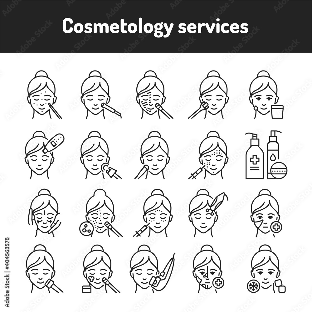 Cosmetology black line icons set. Skin care.