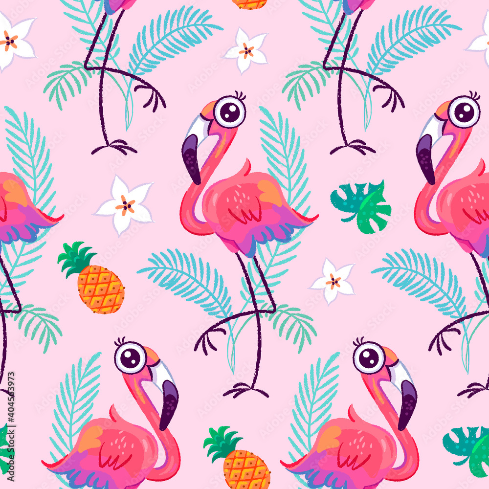 Seamless pattern with cute flamingo and tropical leaves Seamless pattern with cute flamingo and tropical leaves