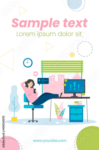 Lazy office person procrastinating at workplace, chatting on cellphone online, ignoring important notes on computer. Vector illustration for leisure time at work, time management failure concept