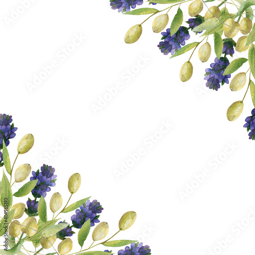 Watercolor hand painted nature provence corner frame with green olive branches and purple lavender flowers bouquet on the white background for invite and greeting card with space for text