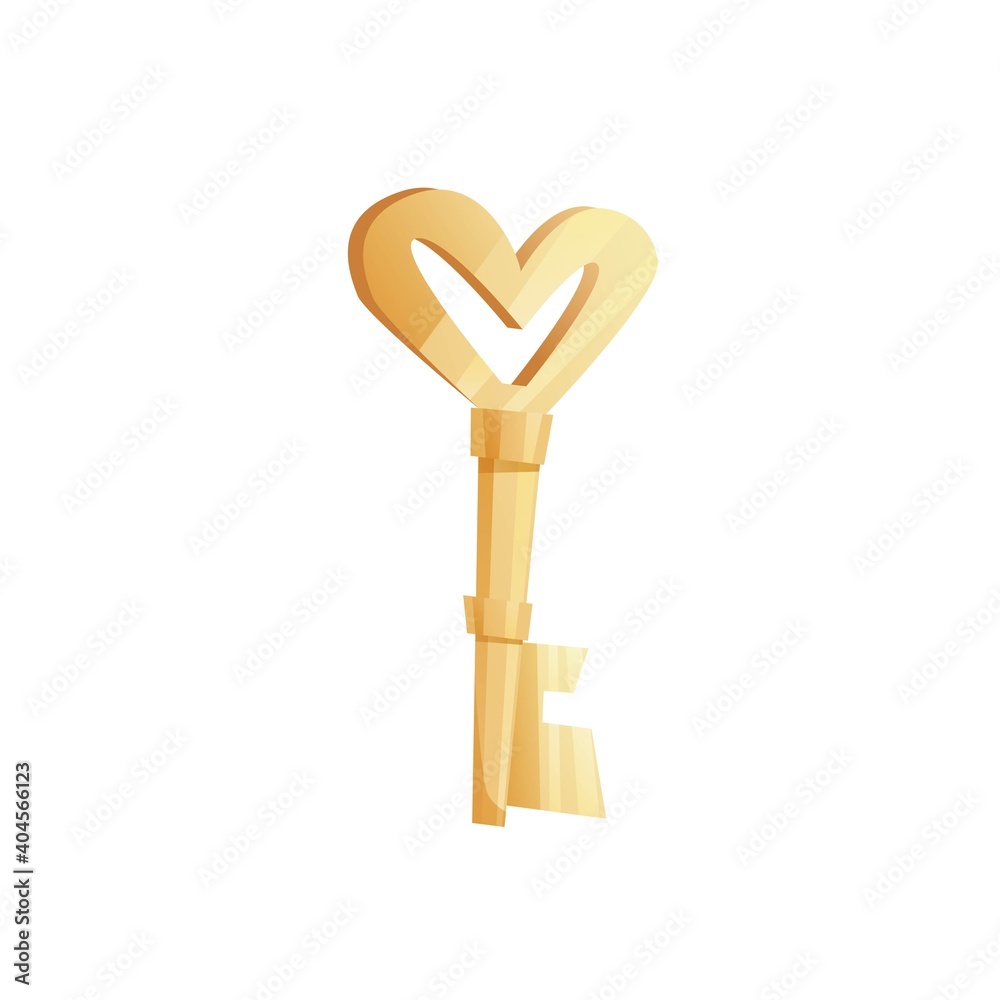 Golden key in a shape of a heart. Closing and opening doors. Cartoon vector illustration. Golden key in a shape of a heart. Closing and opening doors. Cartoon vector illustration.