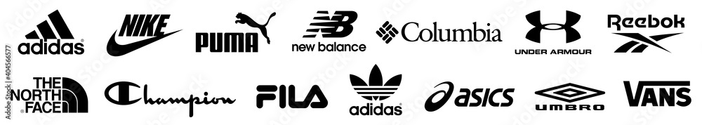 Adidas, Nike, The North Face, Reebok, Puma, Under Armour, Columbia , Asics,  New balance, Champion, Fila logo. Sportswear logos set vector. Editorial  Stock Vector | Adobe Stock