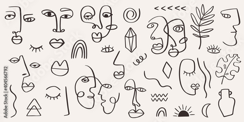 Abstract tribal woman portrait set in continuous line art. Fashion contemporary elements with ethnic female faces, leaves, flowers, shapes in modern Ink painting style. Minimalistic aesthetic concept