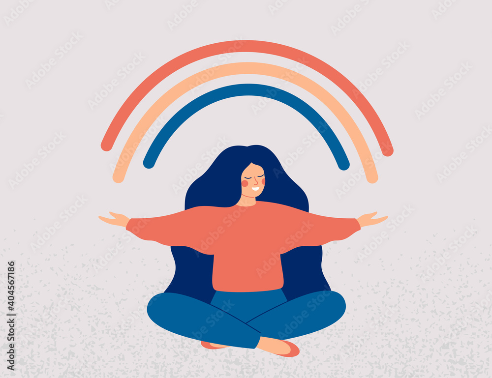 Ταπετσαρία Happy woman sits in lotus pose and open her arms to the rainbow