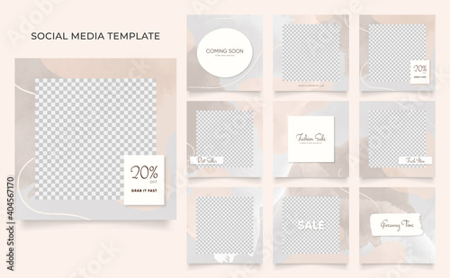 social media template banner blog fashion sale promotion. fully editable instagram and facebook square post frame puzzle organic sale poster. brown grey vector watercolor background