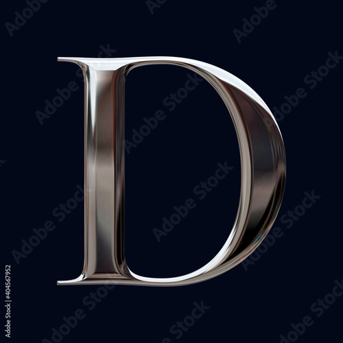 Alphabet letter D with glossy metal texture (chrome, steel, silver), 3D rendering, bold metallic font design, premium uppercase typography for poster, banner, cover