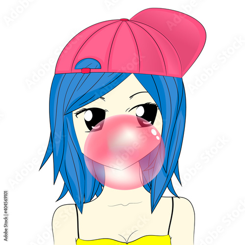 Girl inflates gum. Beautiful anime girl. Vector illustration.