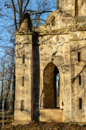 Gothic gate. The Demidovs' estate. Thais. Leningrad region. Clock tower. photo