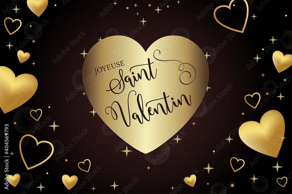 carte ou bandeau sur une Joyeuse Saint Valentin en noir sans un coeur  couleur or sur un fond noir avec des coeurs et des étoiles en or Stock  Vector
