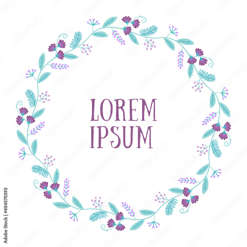 Poster with circle garland of purple, pink handdrown flowers and green leafs and plants with text in the center. vector illustration isolated on white background. Poster with circle garland of purple, pink handdrown flowers and green leafs and plants with text in the center. vector illustration isolated on white background.