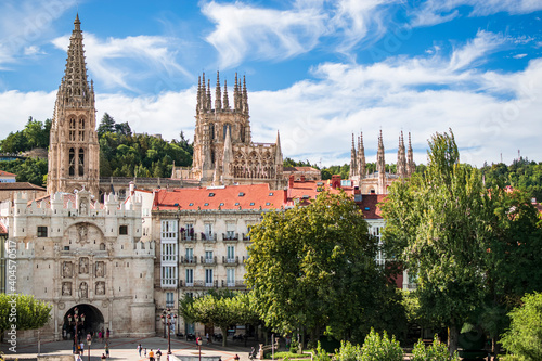 Photograph of the center of the City of Burgos, the facade of the Arch of Santa Maria and the towers of the Cathedral of Burgos. Photograph taken in Burgos, Castilla y Leon, Spain.