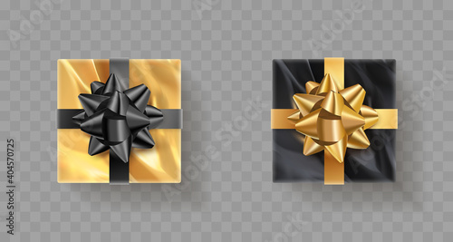 Top view black and gold foil gift boxes with bow and ribbon. Happy New Year, Holiday, black friday illustration for postcard, banner, decor, design, arts on transparent background.