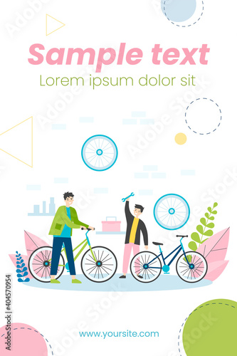 Young father and son repairing bicycles in garage. Wheel, bike, family flat vector illustration. Service and transport concept for banner, website design or landing web page