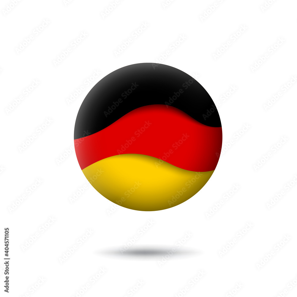 Germany flag icon in the shape of circle. Waving in the wind. Abstract waving germany flag. German tricolor. Paper cut style. Vector symbol, icon, round button Germany flag icon in the shape of circle. Waving in the wind. Abstract waving germany flag. German tricolor. Paper cut style. Vector symbol, icon, round button