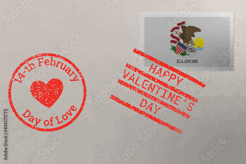Postage stamp envelope with Illinois flag and Valentine s Day stamps, vector