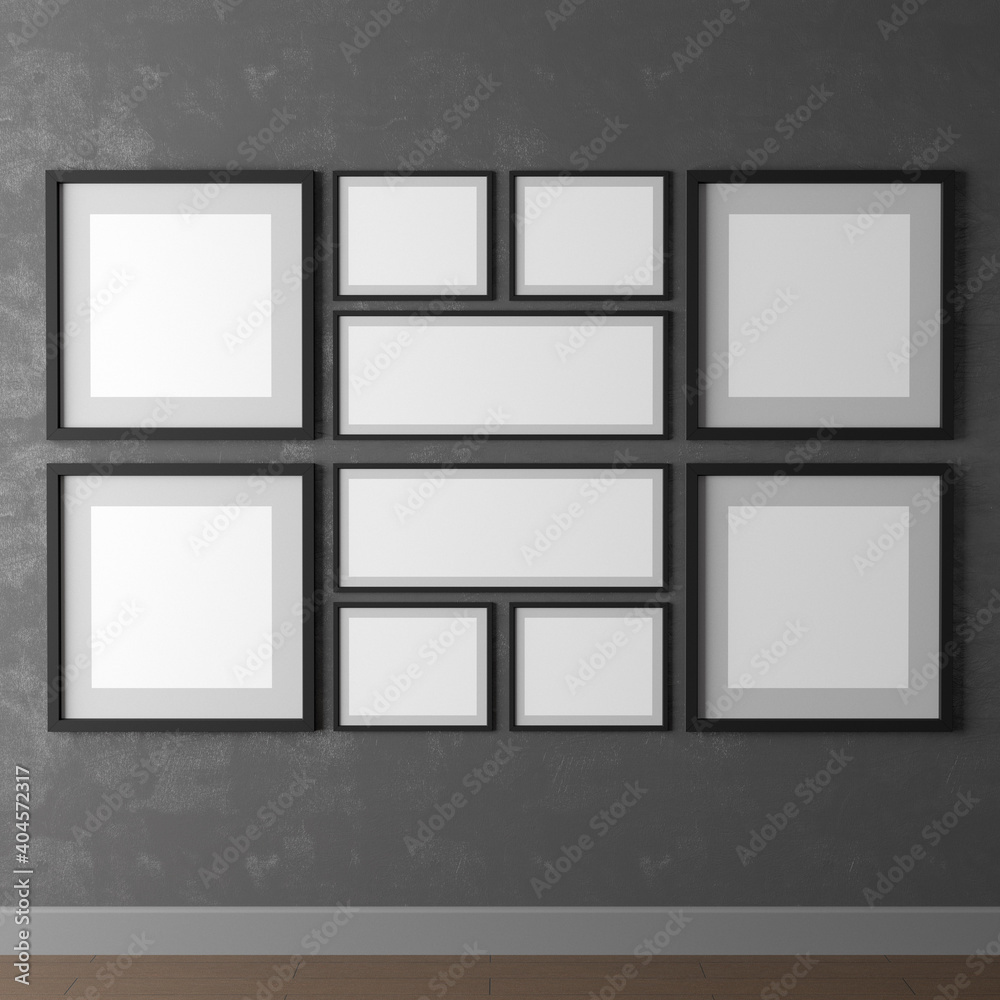 Empty realistic frames mock-up on the wall, 3d illustration set
