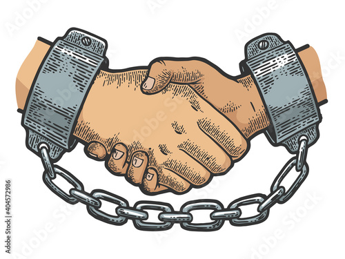 Handshake of prisoners in shackles with chain sketch engraving color vector illustration. Scratch board style imitation. Black and white hand drawn image.