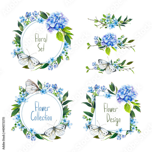Floral frames set. Hydrangea and butterfly. Wedding invite photo