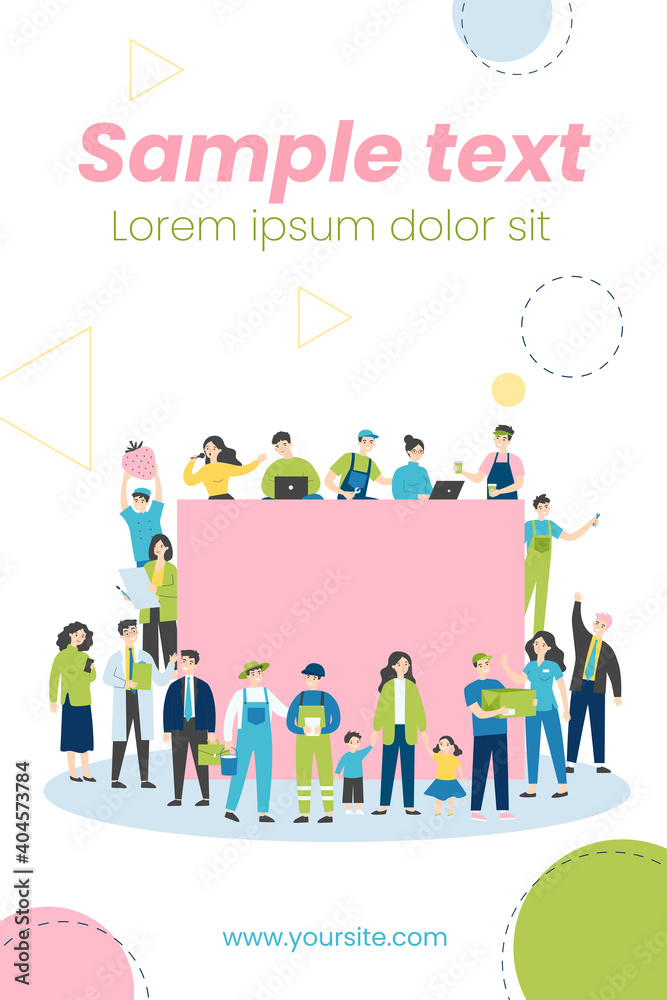 People of different occupations around blank banner. Businessman, housewife, worker, doctor flat vector illustration. Community, society, job concept for banner, website design or landing web page People of different occupations around blank banner. Businessman, housewife, worker, doctor flat vector illustration. Community, society, job concept for banner, website design or landing web page