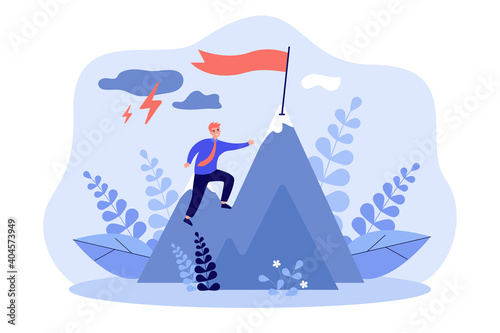 Businessman climbing on mountain through obstacles isolated flat vector illustration. Cartoon person never giving up for target, belief and growth. Perseverance, effort and ambition concept