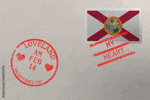 Postage stamp envelope with Florida flag and Valentine s Day stamps, vector