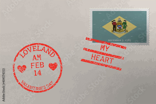 Postage stamp envelope with Delaware flag and Valentine s Day stamps, vector