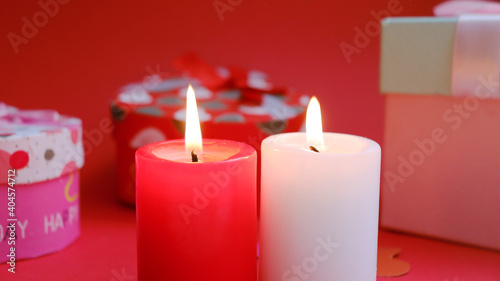 Valentines day. Romantic layout with candles and gifts for valentine s day. Red and white candles