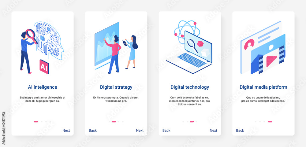 Isometric artificial intelligence concept vector illustration. UX, UI onboarding mobile app page screen set with cartoon 3d ai digital technology, big data analytics and digital media server platform