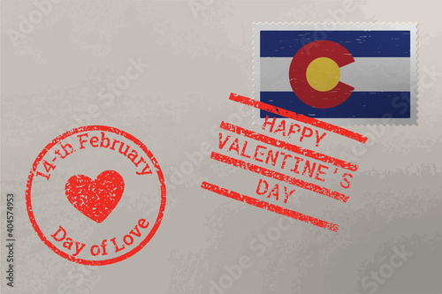 Postage stamp envelope with Colorado flag and Valentine s Day stamps, vector