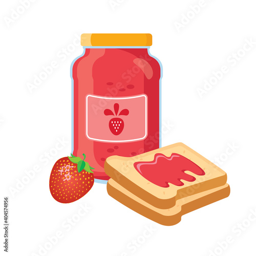 Toasted bread with strawberry jam icon vector. Breakfast still life with toast and strawberry jam vector. Jar of jam icon isolated on a white background