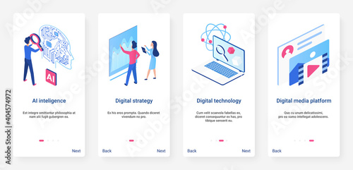Isometric artificial intelligence concept vector illustration. UX, UI onboarding mobile app page screen set with cartoon 3d ai digital technology, big data analytics and digital media server platform