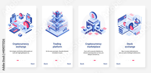 Isometric cryptocurrency exchange trading platform vector illustration. UX, UI onboarding mobile app page screen set with cartoon 3d trader work, blockchain, crypto currency data stock marketplace
