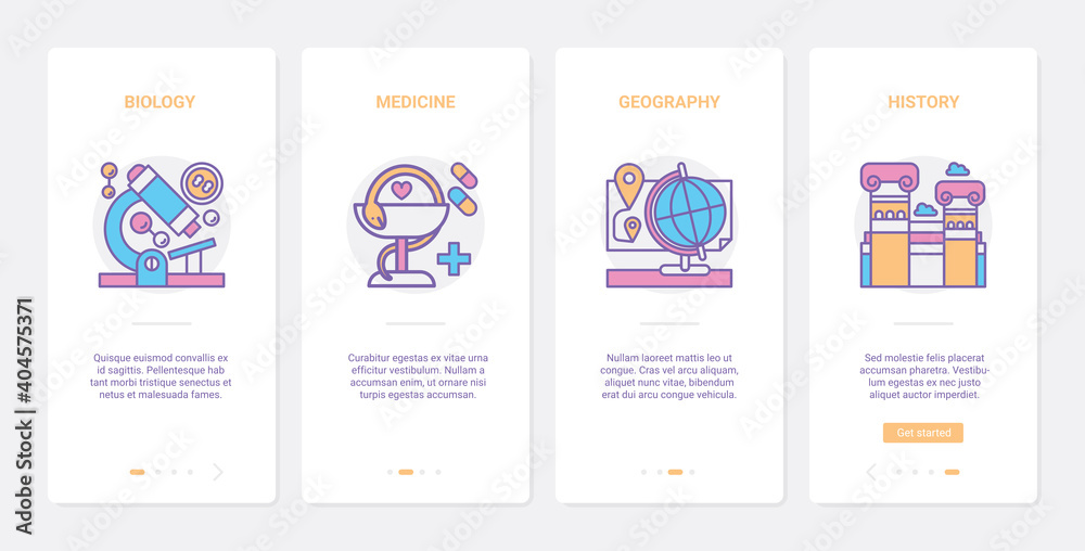 Education science vector illustration. UX, UI onboarding mobile app page screen set with line biology medicine geography history educational scientific symbols, school or university subject discipline