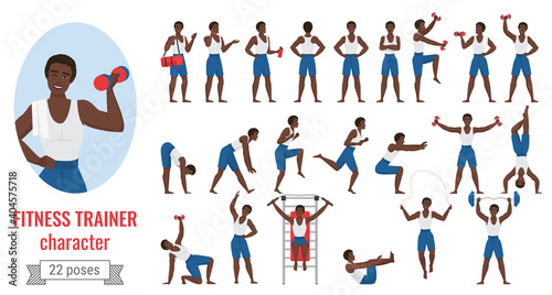 Fitness sport trainer man poses vector illustration set. Cartoon young sportive male character in sportswear holding dumbbells, posing in different exercise positions, gym workout isolated on white