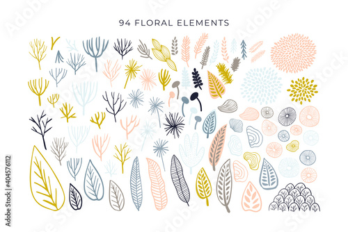 Abstract shapes, modern floral elements big set. Trendy vector illustration isolated on white background. Abstract scribble, drops, line and leaves.